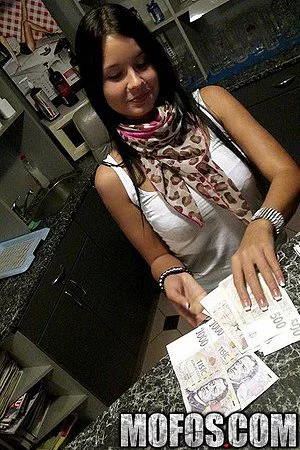 Busty barmaid Mia Manarote gets a hefty sum to get fucked from behind and filmed at the same time.