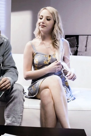 Magnificent blonde babe with natural tits pleasuring Tyler on the couch