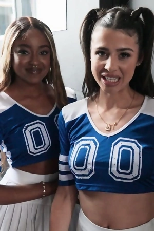 Young cheerleaders Kylie Rocket and Destiny Mira get fucked in turn