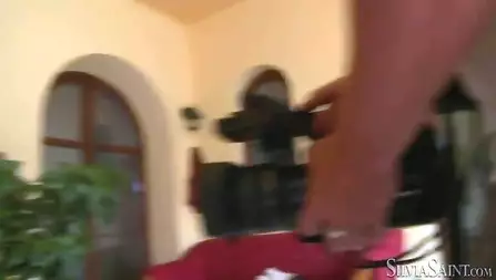 Horny blonde Silvia Saint is sitting in the chair letting brunette gf worship her cunt