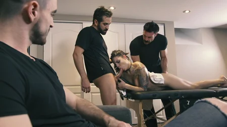 Sherly Quinn sucks one hard cock while getting fucked by another