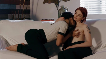 Bree Daniels and Kira Noir playing lesbian games on the couch