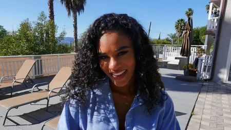 Curly-haired ebony sucks and rides white prick in POV