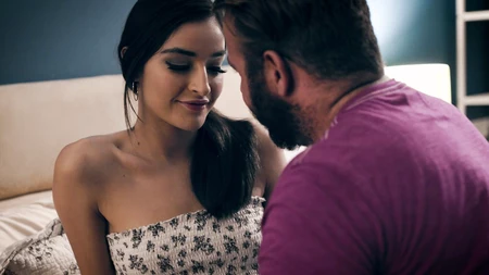 Emily Willis blows and rides her bearded lover in bed