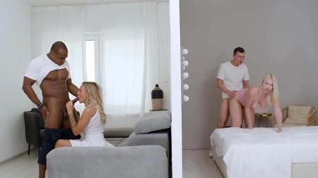 Hardcore interracial foursome sex scene with Vera Jarw and Merida Sat