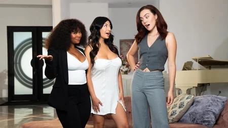 Cami Stella, Avery Jane and Freya Parker playing lesbian games on the couch