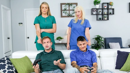 Whorish nurses Joslyn Jane and Kate Dee get nicely fucked in the living room