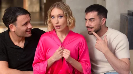 Short-haired bitch Angelika Grays gets spit roasted and DPed in the living room